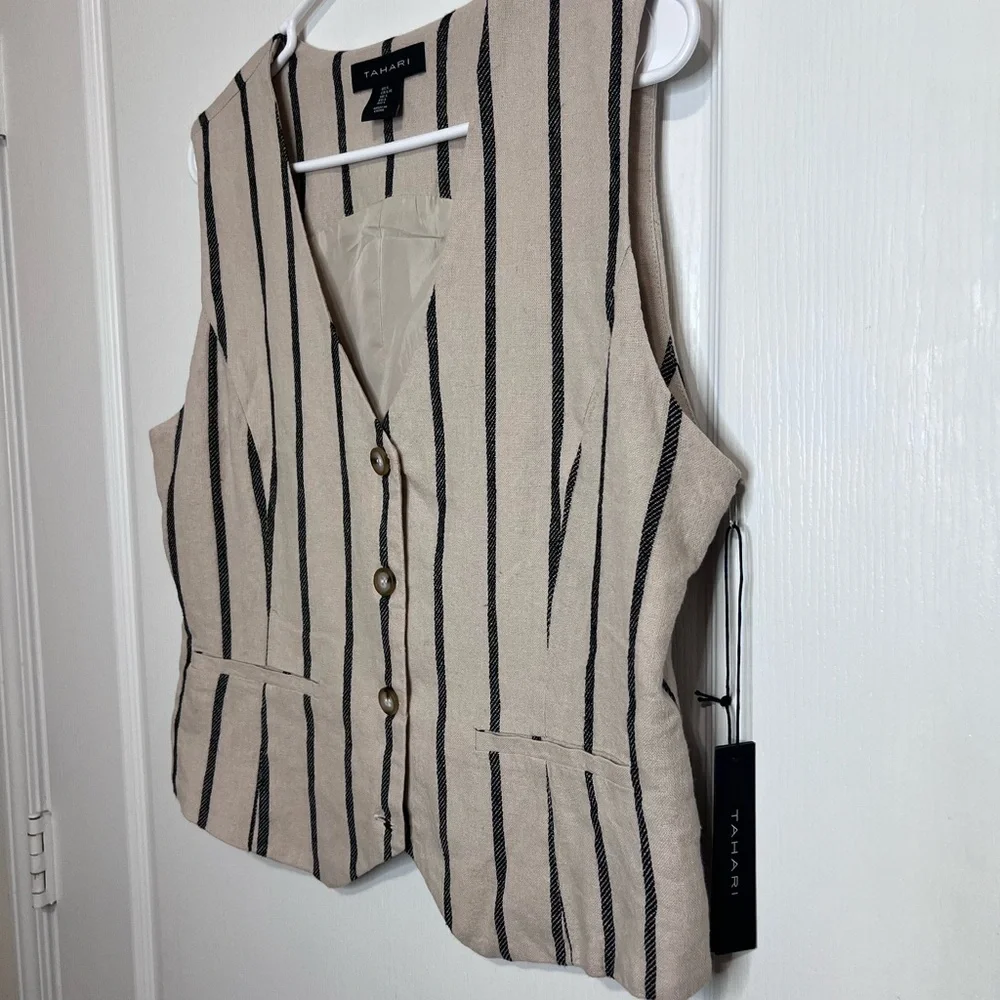 Tahari Beige and Black Linen Blend Vest size L - Picture 11 of 12